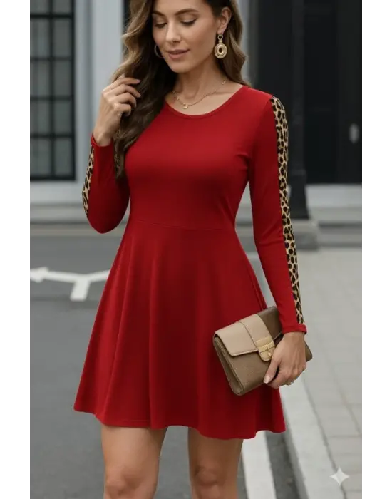 Kadın Uzun Kollu Bisiklet Yaka Kollar Leopar Detay Iki Iplik Mini Boy Elbise