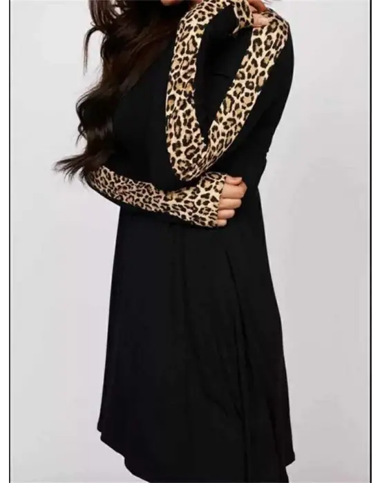 Kadın Uzun Kollu Bisiklet Yaka Kollar Leopar şeritli Salaş Iki Iplik Elbise