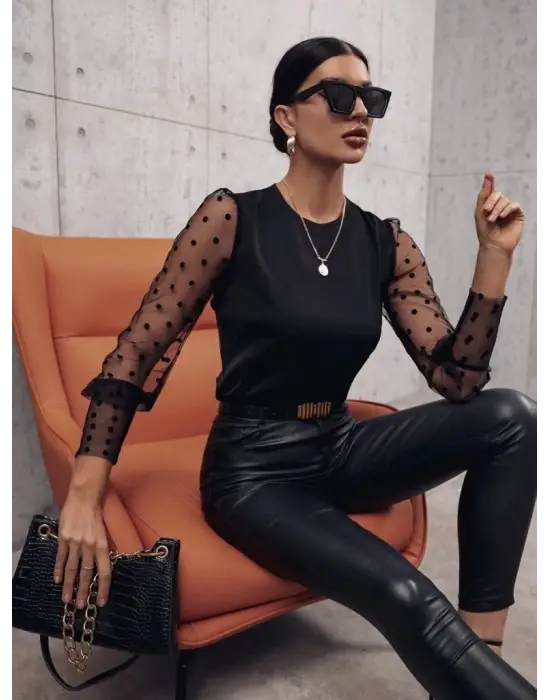 Trend Bisiklet Yaka Puantiyeli Tül Detaylı Sandy Bluz