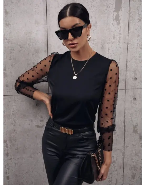 Kadın Uzun Kollu Bisiklet Yaka Kollar Puantiyeli Tül Detaylı Sandy Bluz