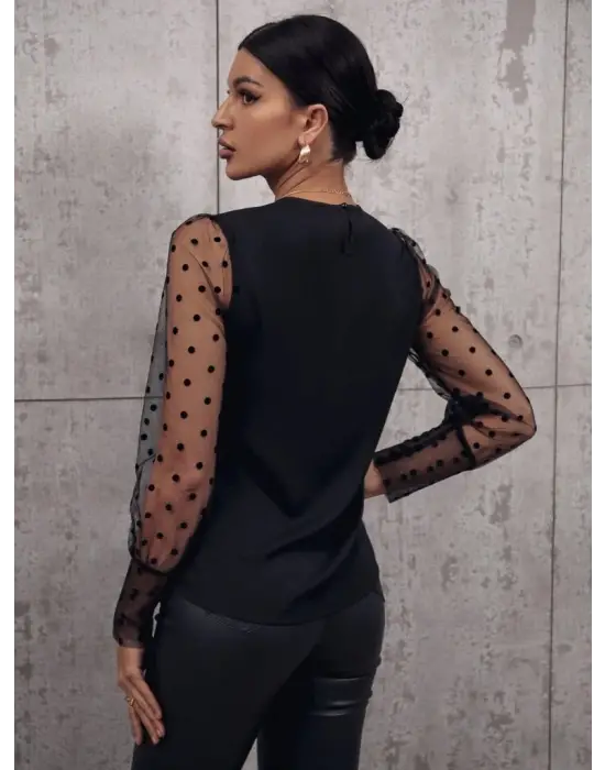 Trend Bisiklet Yaka Puantiyeli Tül Detaylı Sandy Bluz