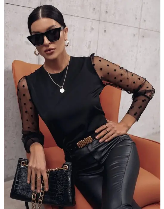 Trend Bisiklet Yaka Puantiyeli Tül Detaylı Sandy Bluz