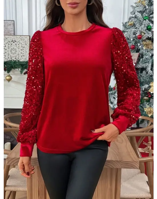 Kadın Uzun Kollu Bisiklet Yaka Kollar Pulpayet Kadife Bluz