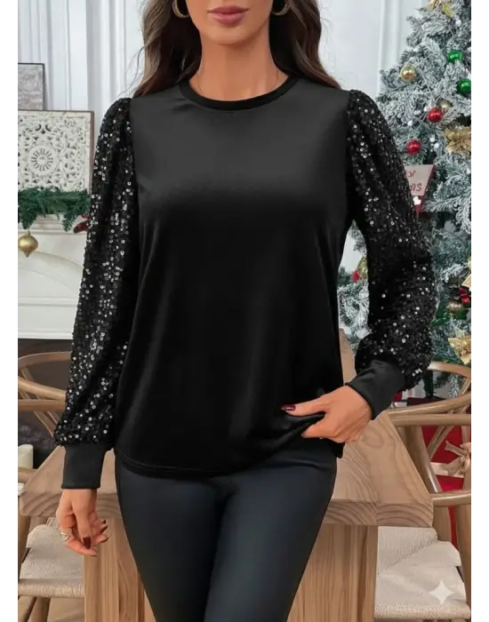 Kadın Uzun Kollu Bisiklet Yaka Kollar Pulpayet Kadife Bluz