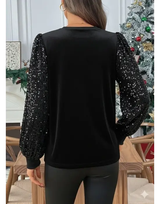 Kadın Uzun Kollu Bisiklet Yaka Kollar Pulpayet Kadife Bluz