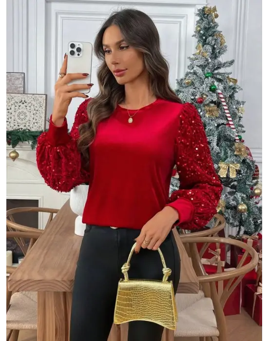 Kadın Uzun Kollu Bisiklet Yaka Kollar Pulpayet Kadife Bluz