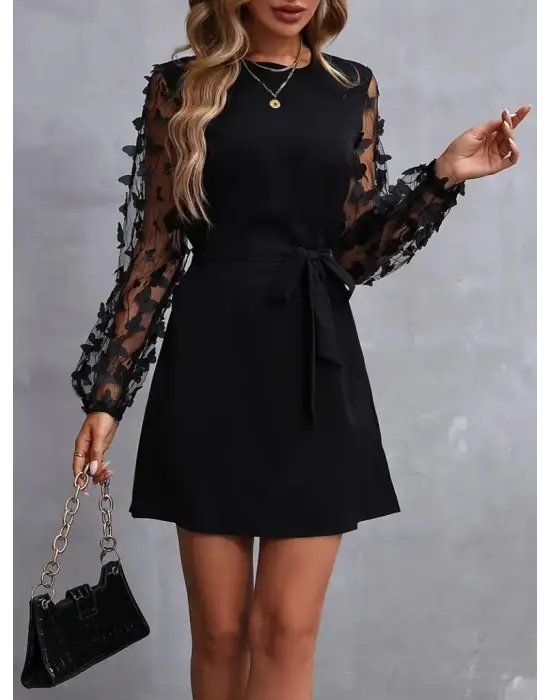 Kadın Uzun Kollu Bisiklet Yaka Kollar Tül Kelebek Detaylı Ithal Krep Elbise