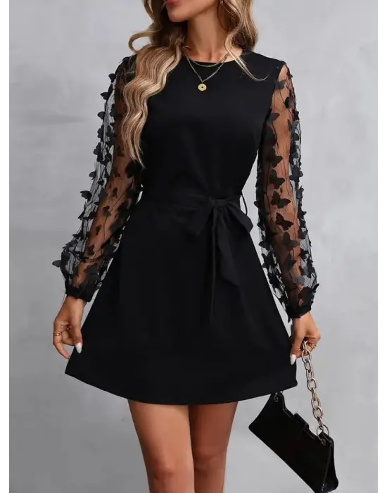 Kadın Uzun Kollu Bisiklet Yaka Kollar Tül Kelebek Detaylı Ithal Krep Elbise