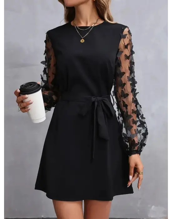 Kadın Uzun Kollu Bisiklet Yaka Kollar Tül Kelebek Detaylı Ithal Krep Elbise