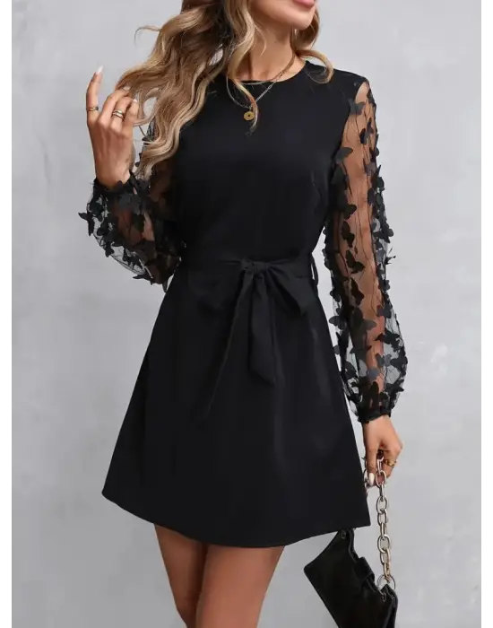 Kadın Uzun Kollu Bisiklet Yaka Kollar Tül Kelebek Detaylı Ithal Krep Elbise