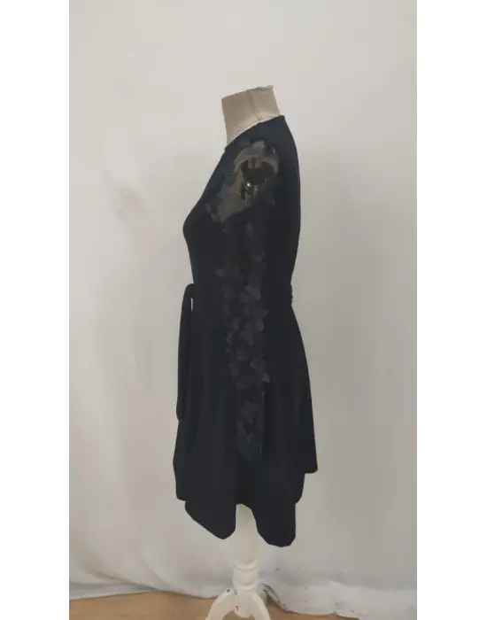 Kadın Uzun Kollu Bisiklet Yaka Kollar Tül Kelebek Detaylı Ithal Krep Elbise