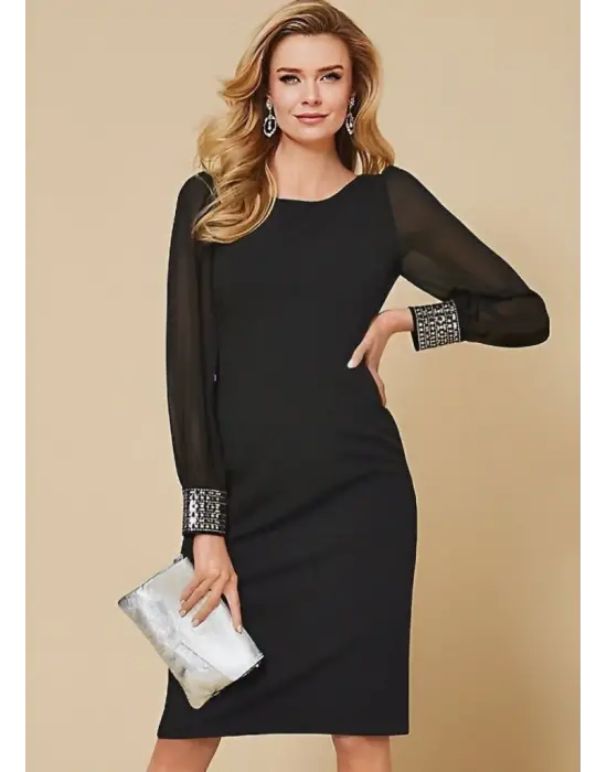 Kadın Uzun Kollu Bisiklet Yaka Kollar Tül Manşet Taş Işlemeli Krep Elbise