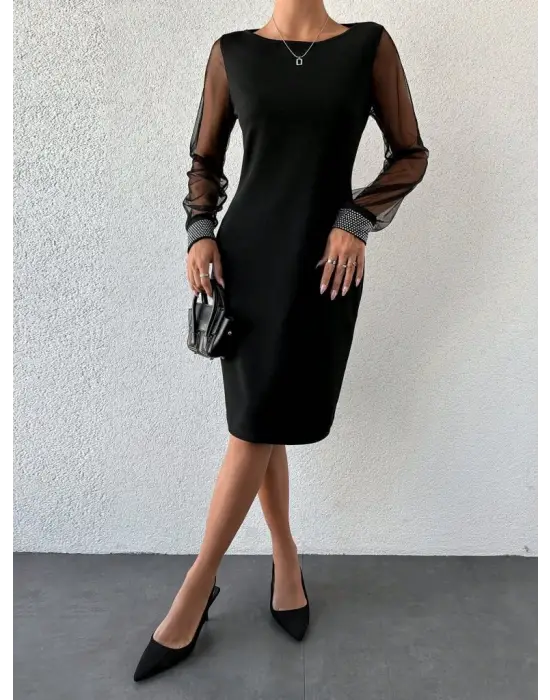 Kadın Uzun Kollu Bisiklet Yaka Kollar Tül Manşet Taş Işlemeli Krep Elbise