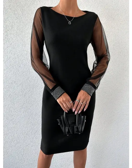 Kadın Uzun Kollu Bisiklet Yaka Kollar Tül Manşet Taş Işlemeli Krep Elbise