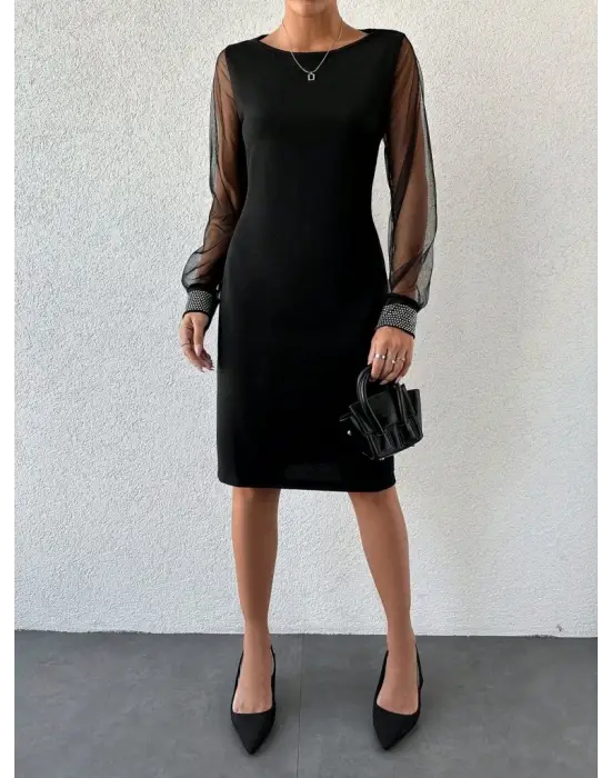 Kadın Uzun Kollu Bisiklet Yaka Kollar Tül Manşet Taş Işlemeli Krep Elbise