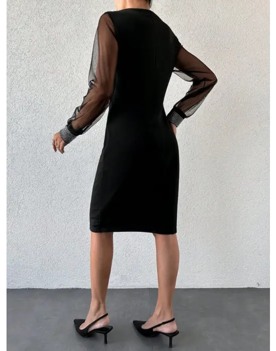 Kadın Uzun Kollu Bisiklet Yaka Kollar Tül Manşet Taş Işlemeli Krep Elbise