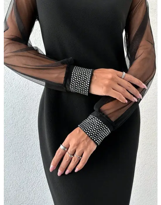 Kadın Uzun Kollu Bisiklet Yaka Kollar Tül Manşet Taş Işlemeli Krep Elbise