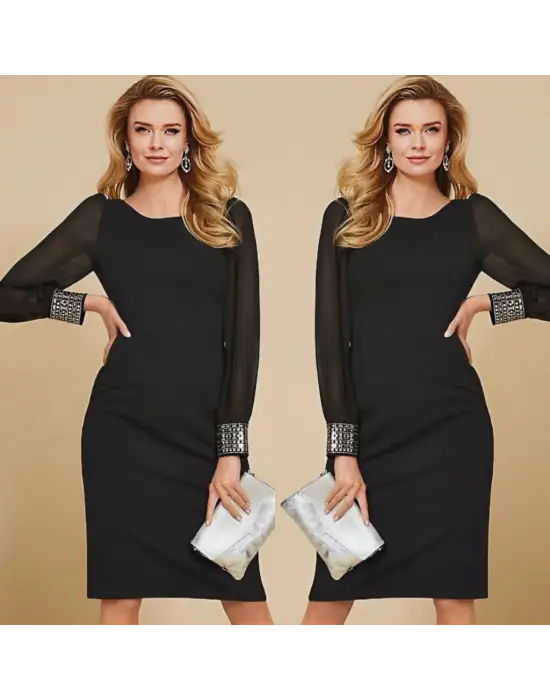 Kadın Uzun Kollu Bisiklet Yaka Kollar Tül Manşet Taş Işlemeli Krep Elbise