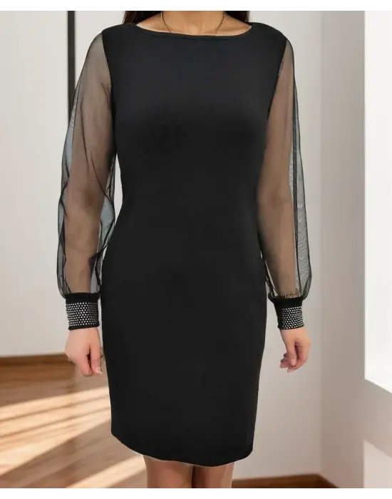 Kadın Uzun Kollu Bisiklet Yaka Kollar Tül Manşet Taş Işlemeli Krep Elbise