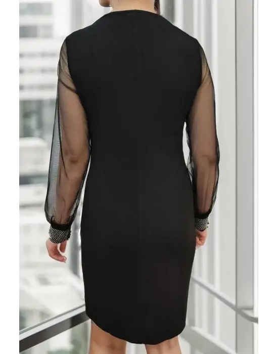 Kadın Uzun Kollu Bisiklet Yaka Kollar Tül Manşet Taş Işlemeli Krep Elbise