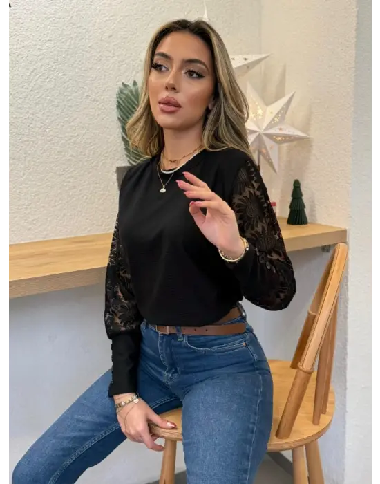 Kadın Uzun Kollu Bisiklet Yaka Kolları çiçekli Waffle Bluz