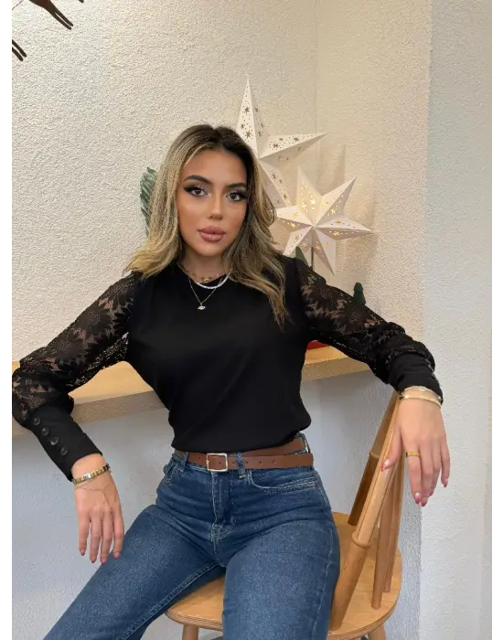 Kadın Uzun Kollu Bisiklet Yaka Kolları çiçekli Waffle Bluz