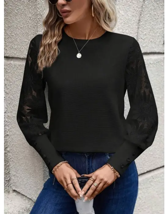 Kadın Uzun Kollu Bisiklet Yaka Kolları çiçekli Waffle Bluz