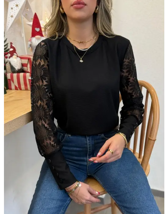 Kadın Uzun Kollu Bisiklet Yaka Kolları çiçekli Waffle Bluz