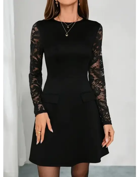 Kadın Uzun Kollu Bisiklet Yaka Kolları Tül Detaylı Mini Ithal Krep Elbise