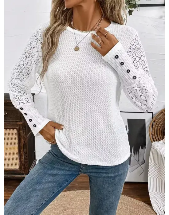 Kadın Uzun Kollu Bisiklet Yaka Kolları Tüllü Waffle Bluz