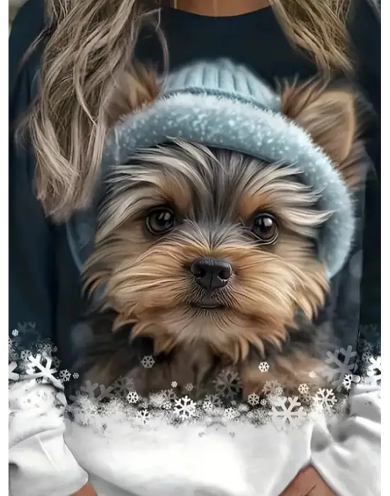 Kadın Uzun Kollu Bisiklet Yaka Köpek Baskılı şardonlu Dalgıç Bluz