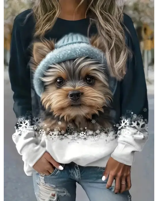 Kadın Uzun Kollu Bisiklet Yaka Köpek Baskılı şardonlu Dalgıç Bluz