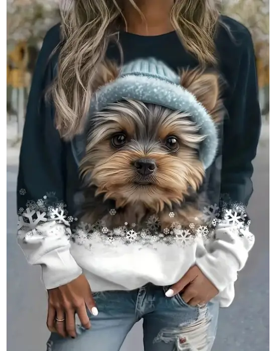 Kadın Uzun Kollu Bisiklet Yaka Köpek Baskılı şardonlu Dalgıç Bluz