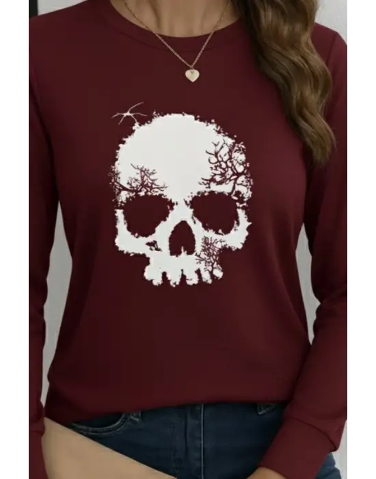 Kadın Uzun Kollu Bisiklet Yaka Kurukafa Desenli Viskon Bluz