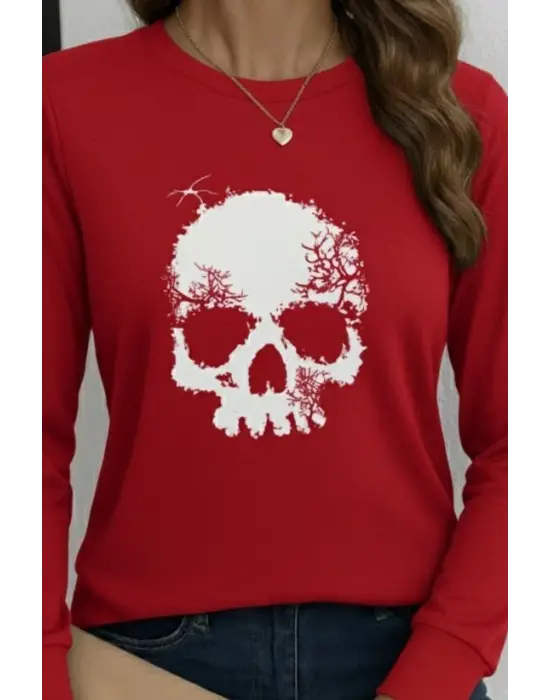 Kadın Uzun Kollu Bisiklet Yaka Kurukafa Desenli Viskon Bluz