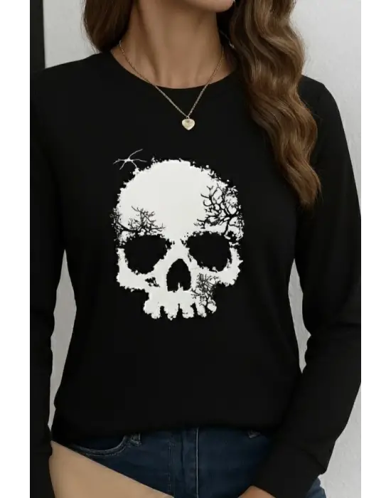 Kadın Uzun Kollu Bisiklet Yaka Kurukafa Desenli Viskon Bluz