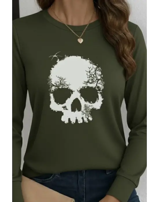 Kadın Uzun Kollu Bisiklet Yaka Kurukafa Desenli Viskon Bluz