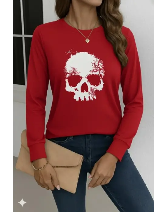 Kadın Uzun Kollu Bisiklet Yaka Kurukafa Desenli Viskon Bluz