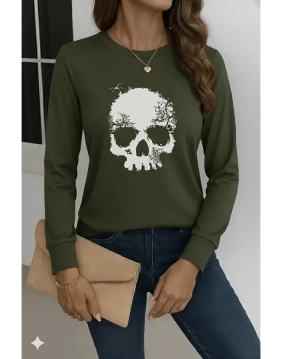 Kadın Uzun Kollu Bisiklet Yaka Kurukafa Desenli Viskon Bluz