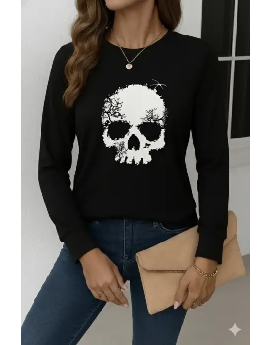 Kadın Uzun Kollu Bisiklet Yaka Kurukafa Desenli Viskon Bluz