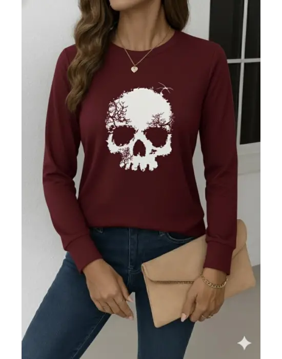 Kadın Uzun Kollu Bisiklet Yaka Kurukafa Desenli Viskon Bluz