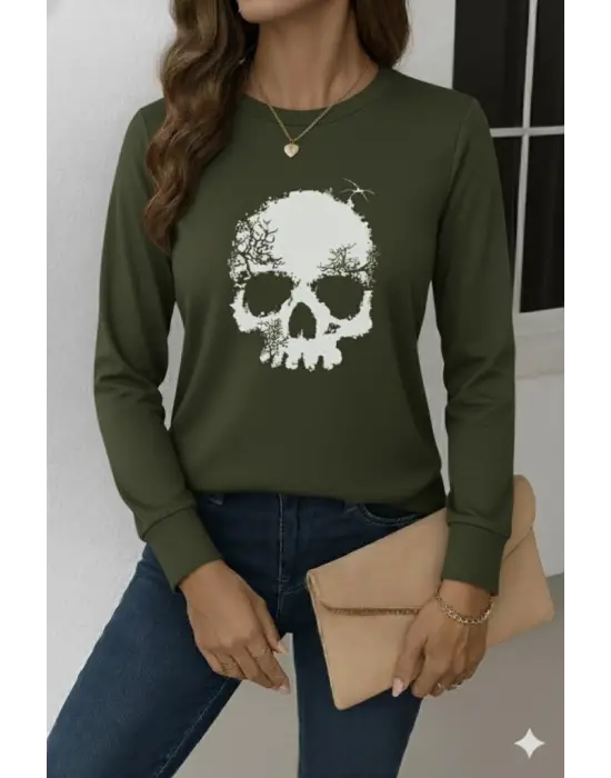 Kadın Uzun Kollu Bisiklet Yaka Kurukafa Desenli Viskon Bluz