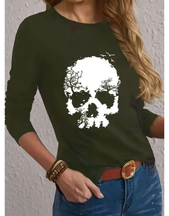 Kadın Uzun Kollu Bisiklet Yaka Kurukafa Desenli Viskon Bluz