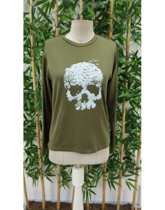 Kadın Uzun Kollu Bisiklet Yaka Kurukafa Desenli Viskon Bluz