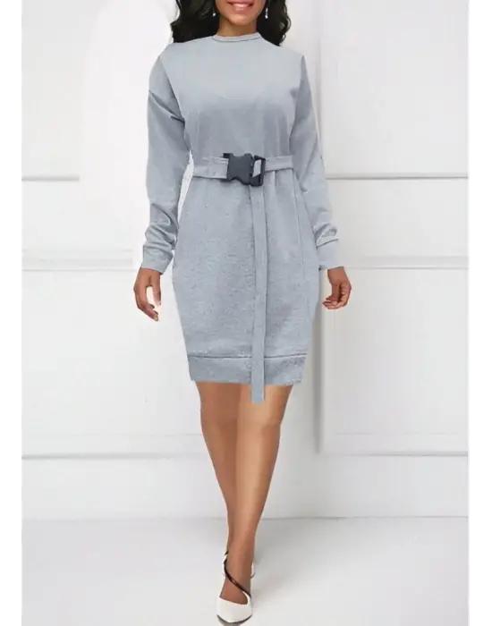 Kadın Uzun Kollu Bisiklet Yaka Kuşaklı Iki Iplik Elbise