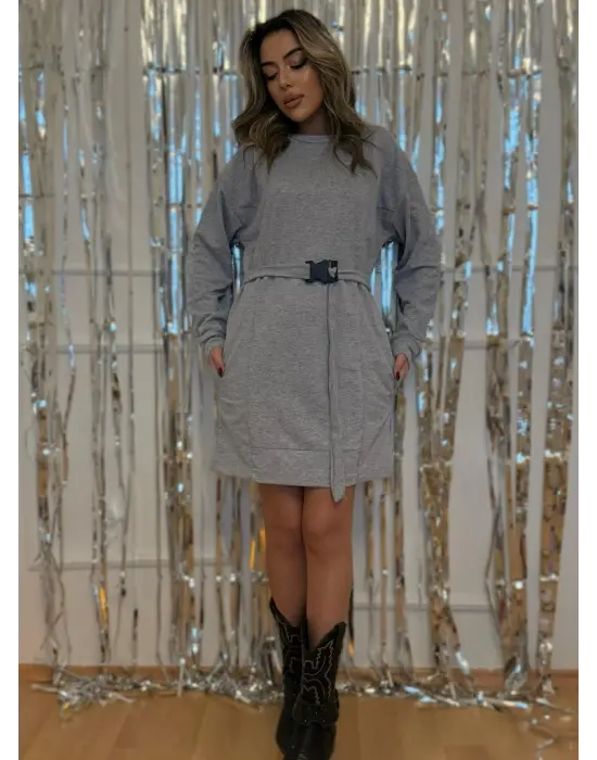 Kadın Uzun Kollu Bisiklet Yaka Kuşaklı Iki Iplik Elbise