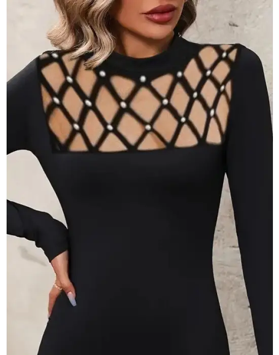 Kadın Uzun Kollu Bisiklet Yaka Lazer Kesim Inci Detay Viskon Iki Iplik Mini Boy Elbise