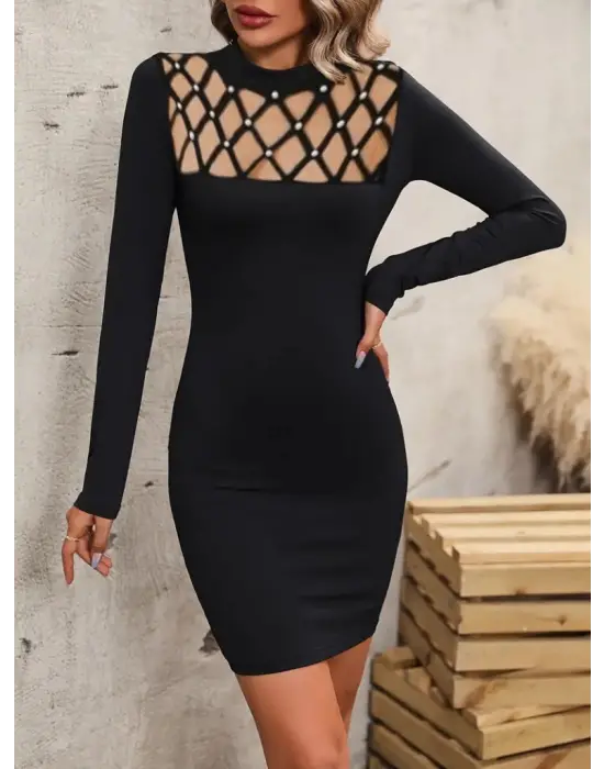 Kadın Uzun Kollu Bisiklet Yaka Lazer Kesim Inci Detay Viskon Iki Iplik Mini Boy Elbise