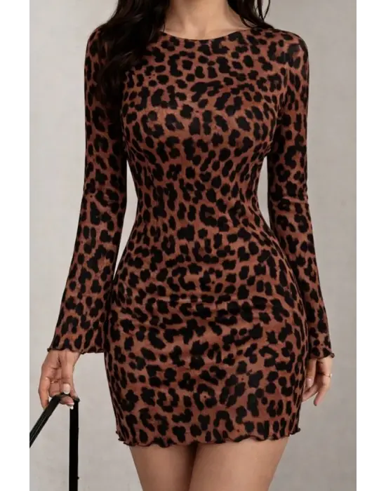 Kadın Uzun Kollu Bisiklet Yaka Leopar Desenli Dalgıç Mini Elbise