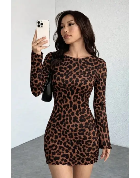 Kadın Uzun Kollu Bisiklet Yaka Leopar Desenli Dalgıç Mini Elbise